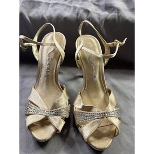 Nina Gold Satin Rhinestone Strappy Evening Sandals Heels Size 7.5M Wedding Gala